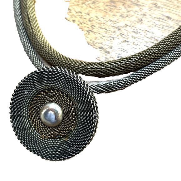 Jan Michael Signed Choker Rope Mesh Pendant Necklace Bronze & Silver Tubular - Picture 4 of 6